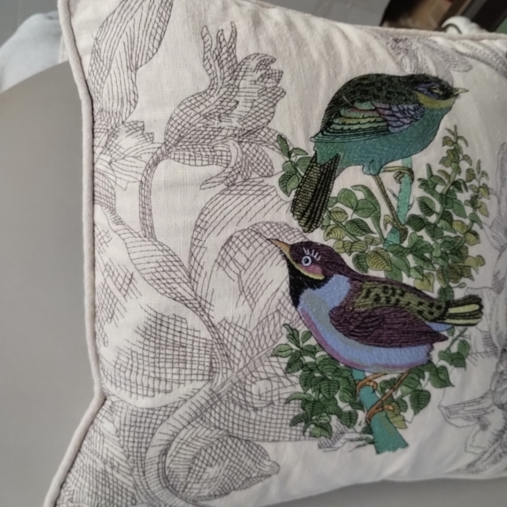 Embroidered Birds & Floral Accent Pillow Cream Cottagecore Shabby Chic Nature - Picture 3 of 10
